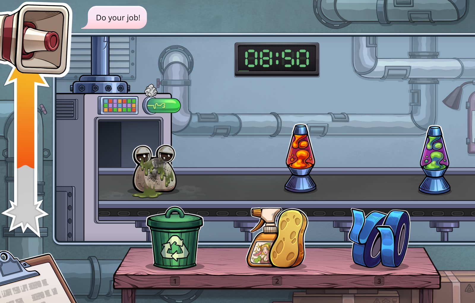 Factory conveyor scene with lava lamps — gameplay scene