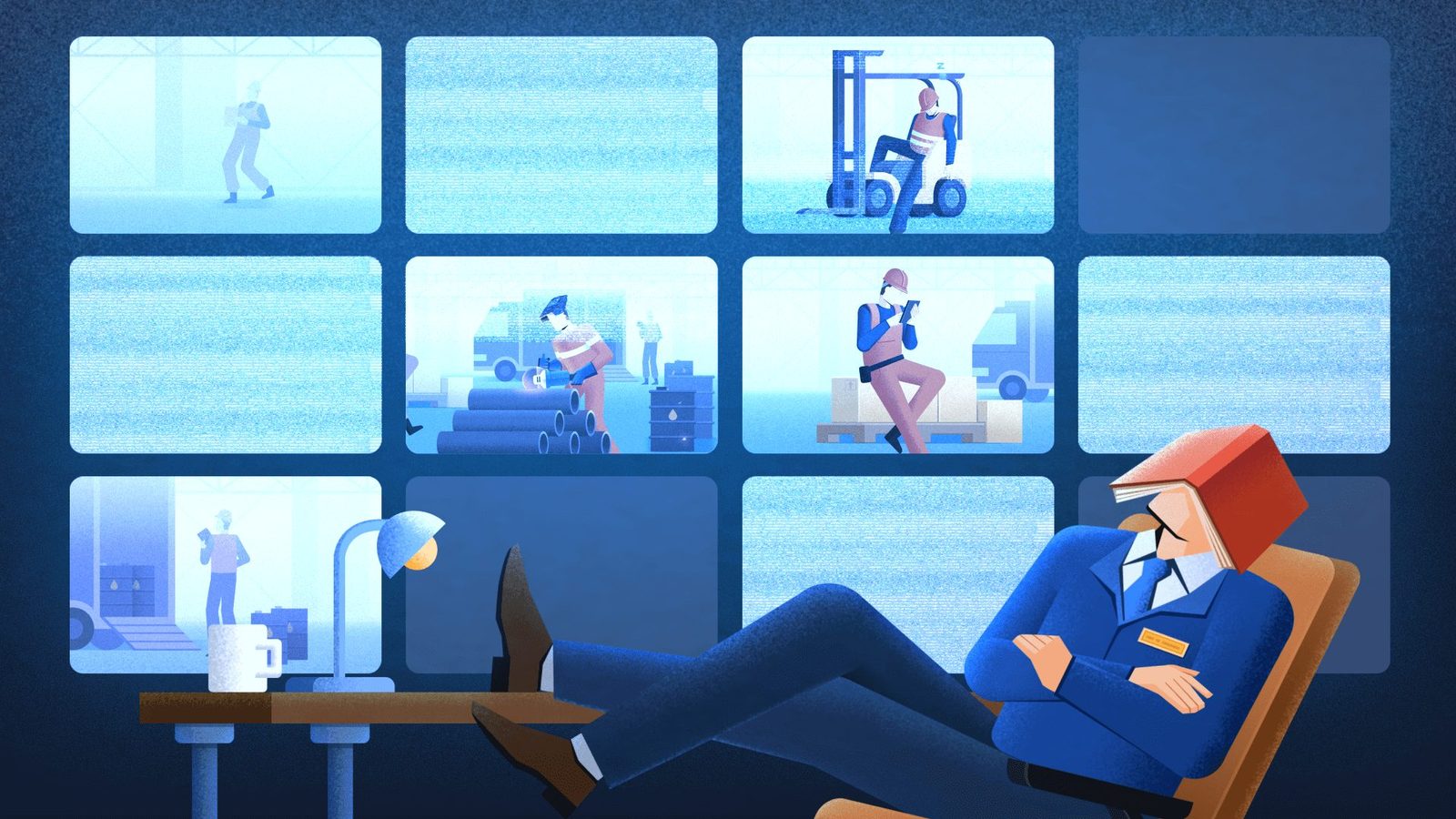 Security operator asleep in front of a wall of monitors — frame from the Tauronix explainer