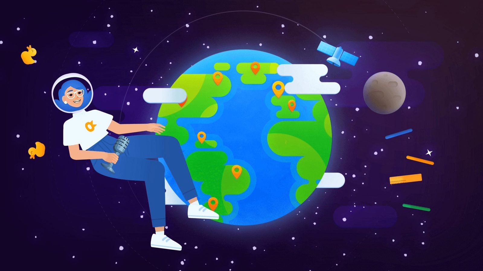 Pakoo character floating in space next to the Earth